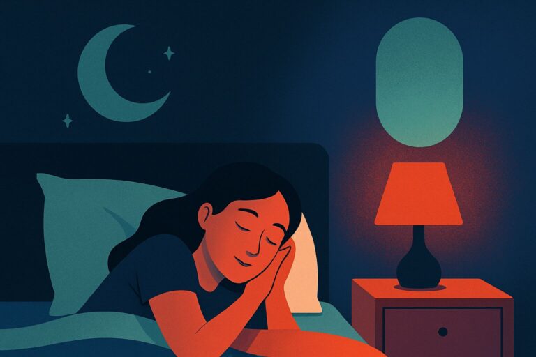 Donna che dorme serenamente accanto a una lampada con luce rossa in una camera da letto tranquilla